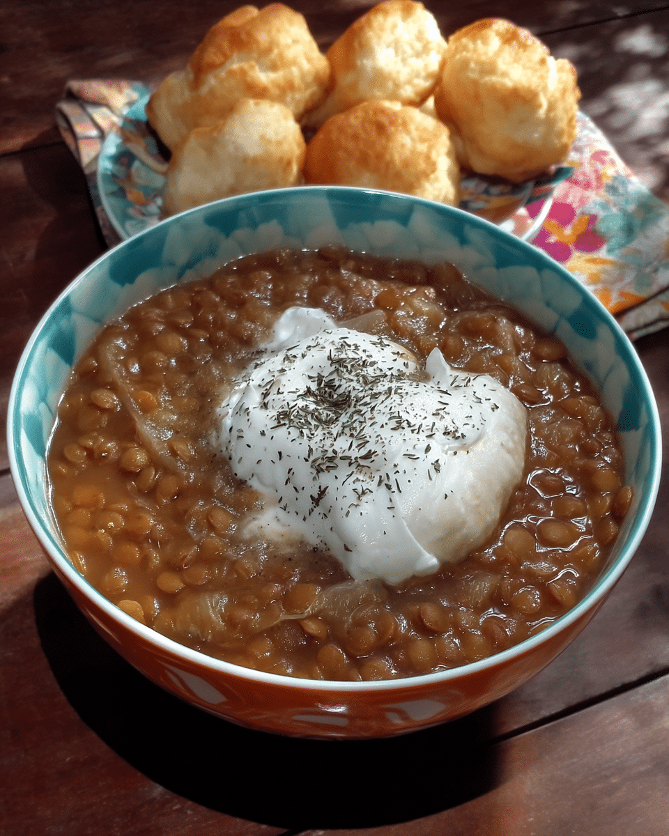 Vegetarian Lentil Soup 9 A chef's hand holding an immersion blender in a pot of lentil soup.