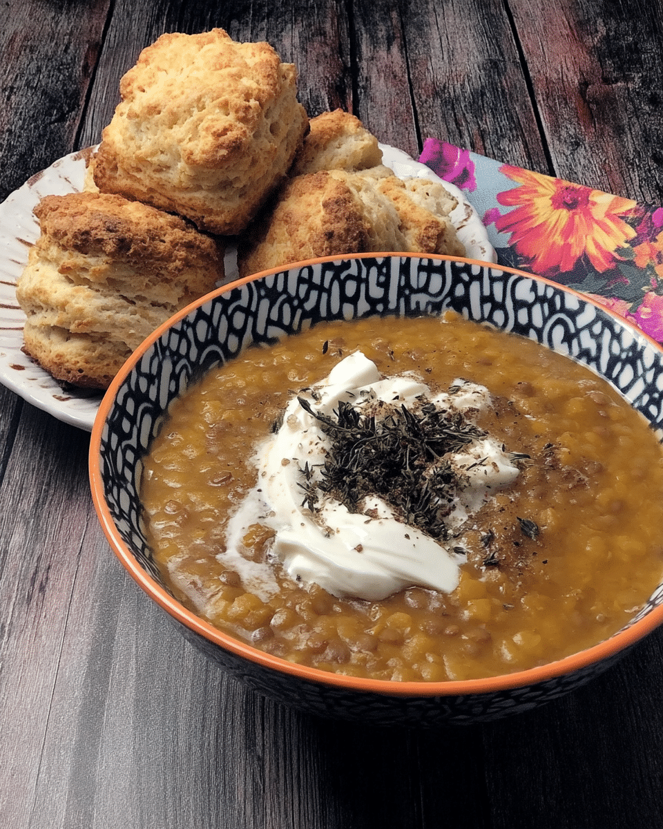 Vegetarian Lentil Soup 10 A table setting with a bowl of lentil soup, crusty bread, and a side salad.