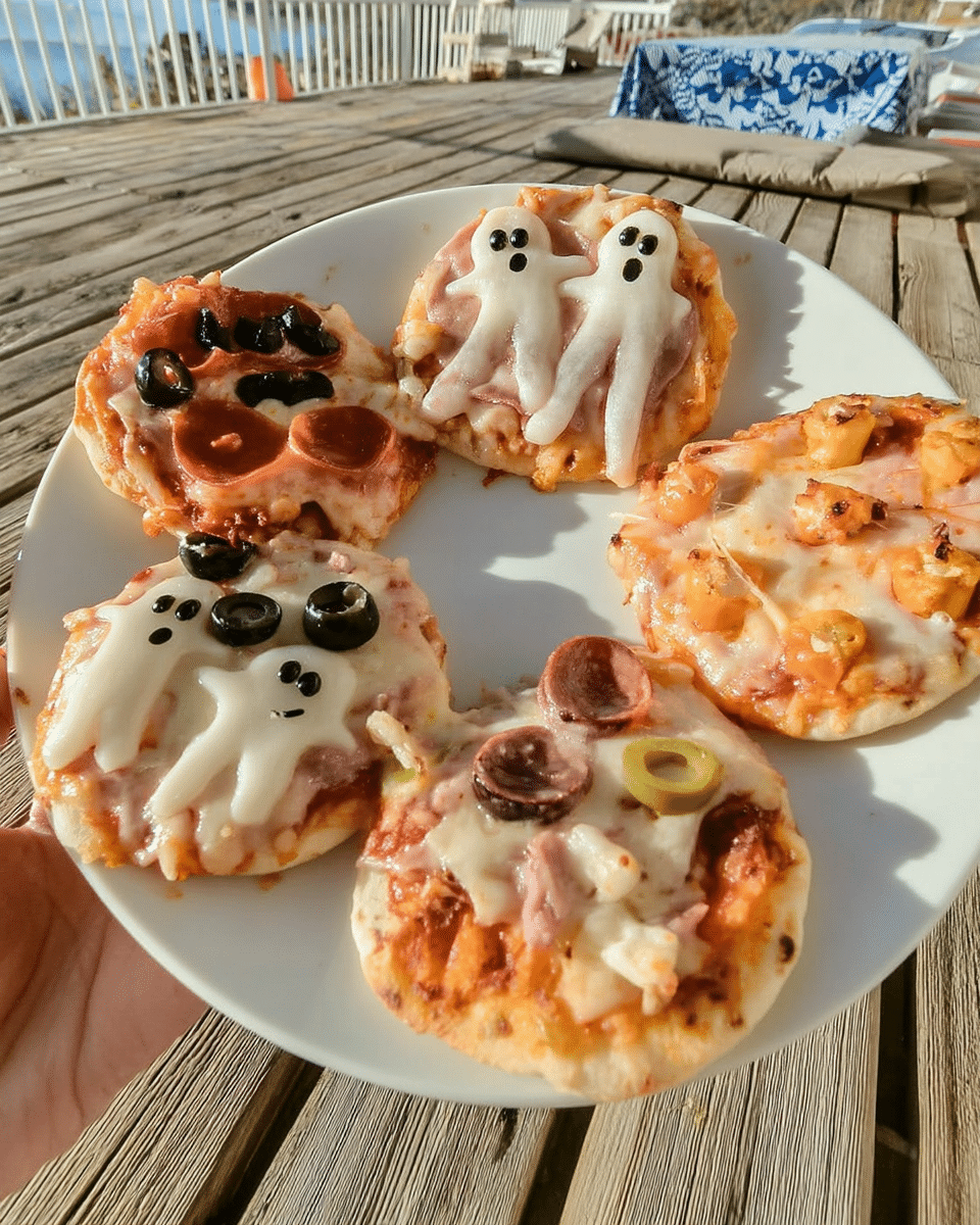 Mini Halloween Pizzas arranged on a baking sheet.