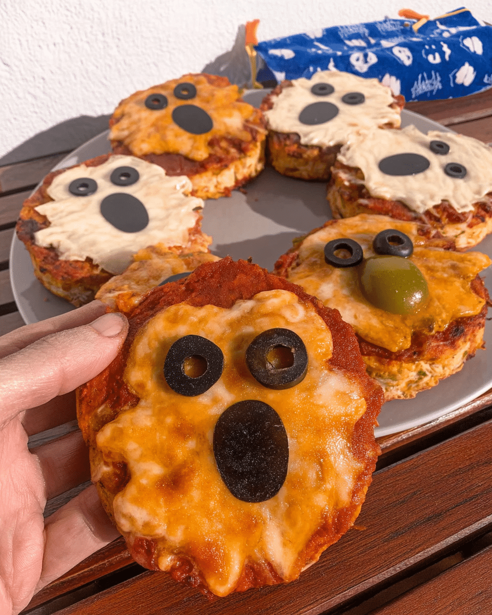 Mini Halloween Pizzas being served on a platter.