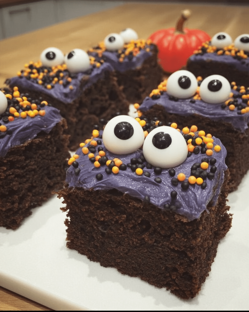 A plate of Monster Mash Brownies decorated with Halloween sprinkles and candy eyes.