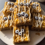 Mummy Rice Krispie Treats 7 Mummy Rice Krispie Treats arranged on a plate