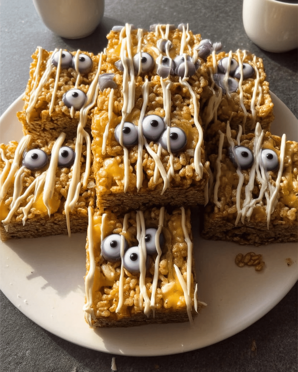 Mummy Rice Krispie Treats arranged on a plate
