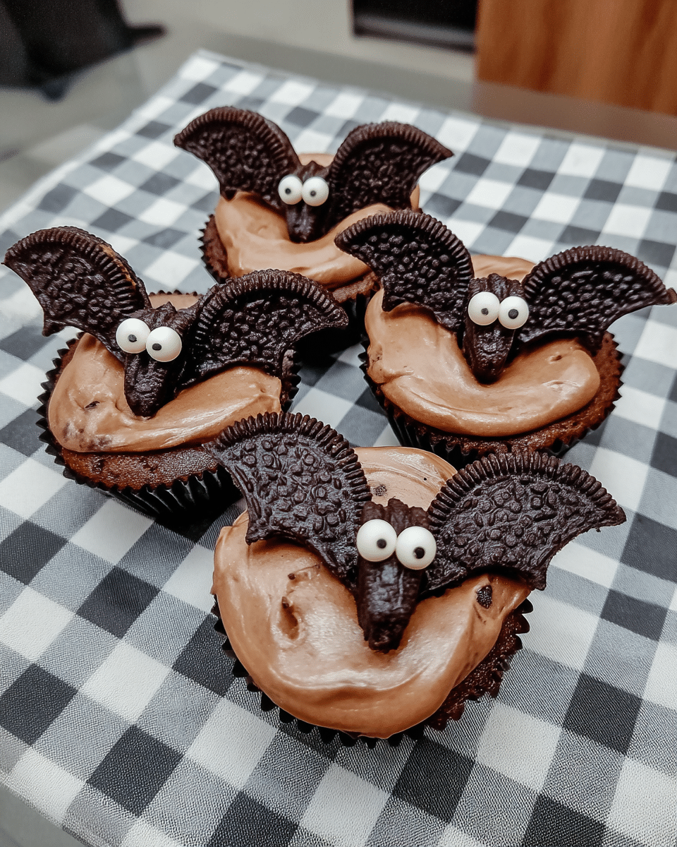 Close-up of three Oreo bats arranged on a parchment-lined baking sheet.