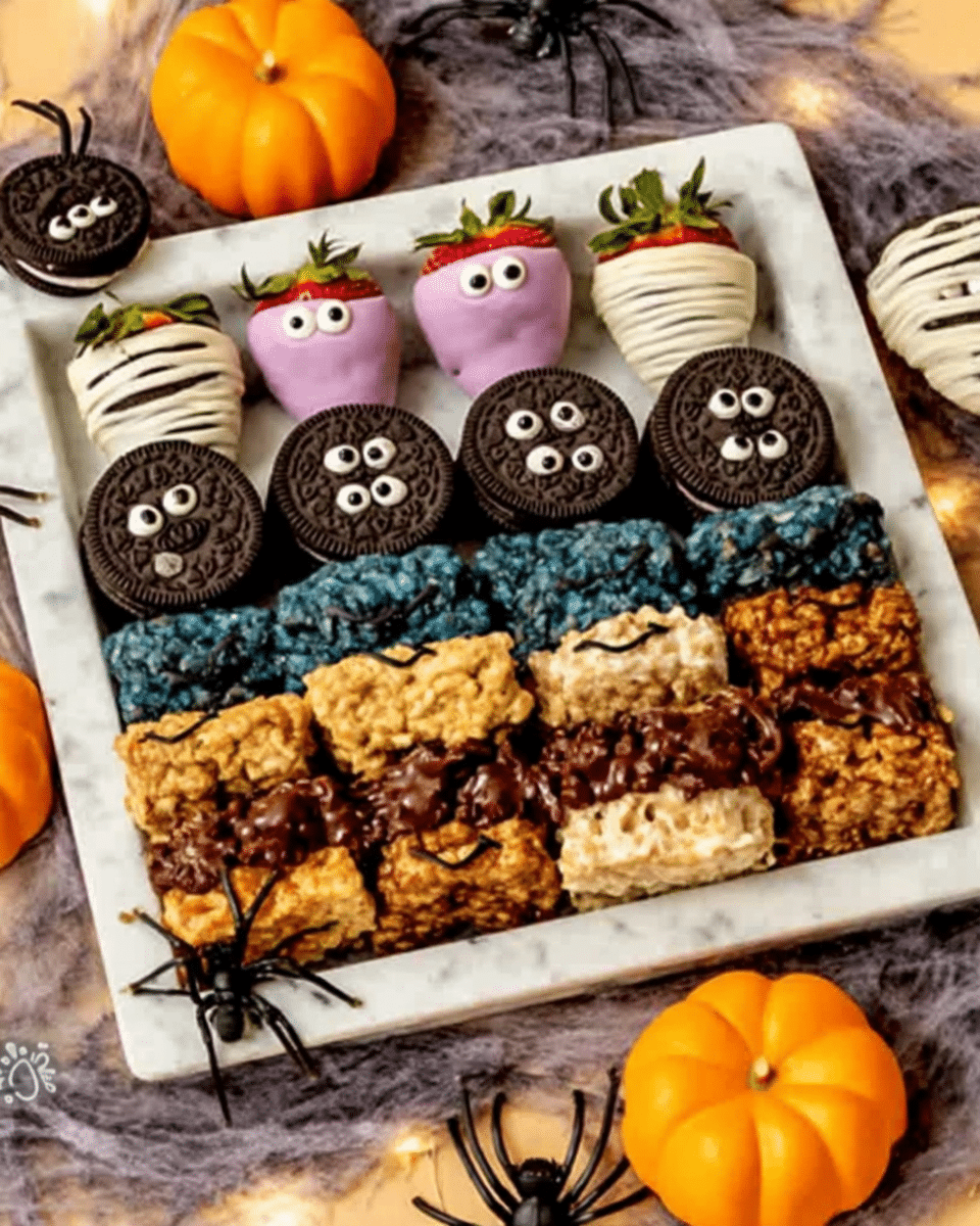 Peanut Butter Spider Cookies 10 A plate of Peanut Butter Spider Cookies presented on a Halloween-themed table setting, with spooky decorations and other treats in the background.
