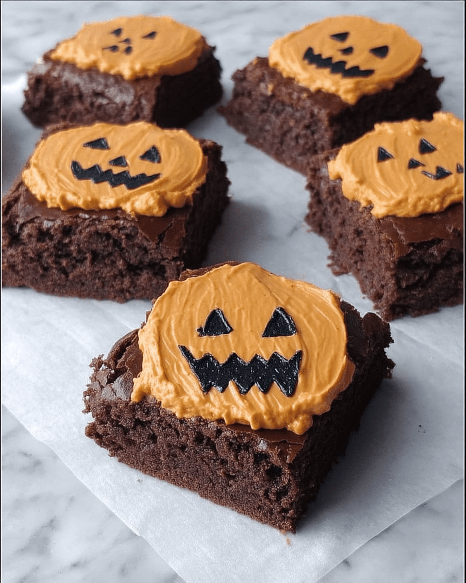 Jack-O’-Lantern Brownies 9 A hand piping black gel icing onto orange frosted brownies