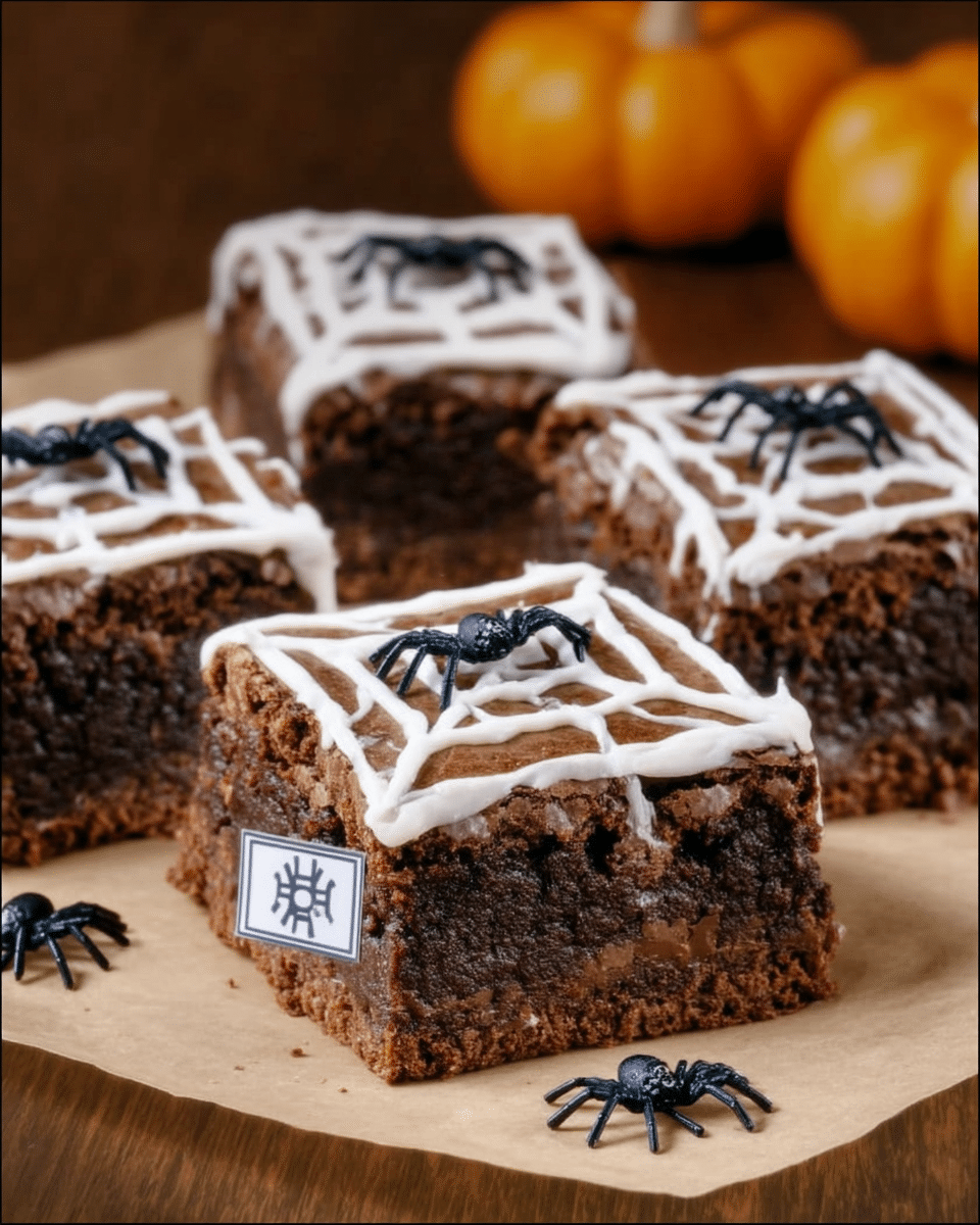 A hand piping white chocolate onto a brownie to create a spiderweb design.