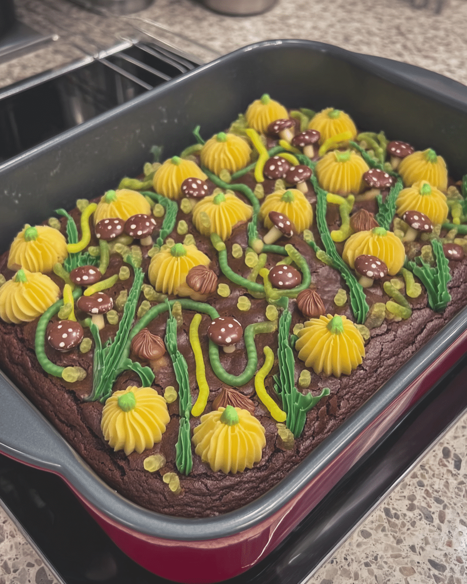 A hand piping green frosting vines onto a brownie.