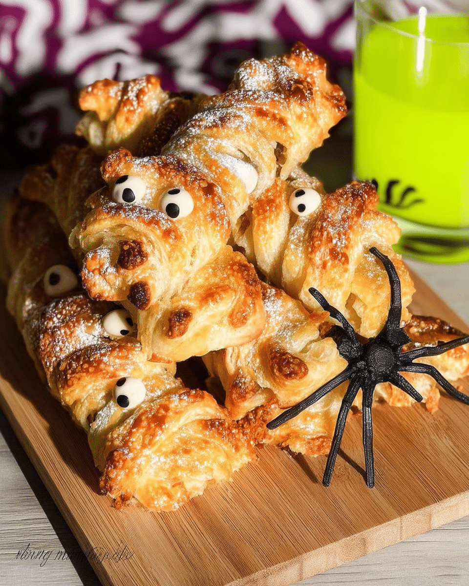 A hand placing candy eyes on a Halloween Snickers Mummy.