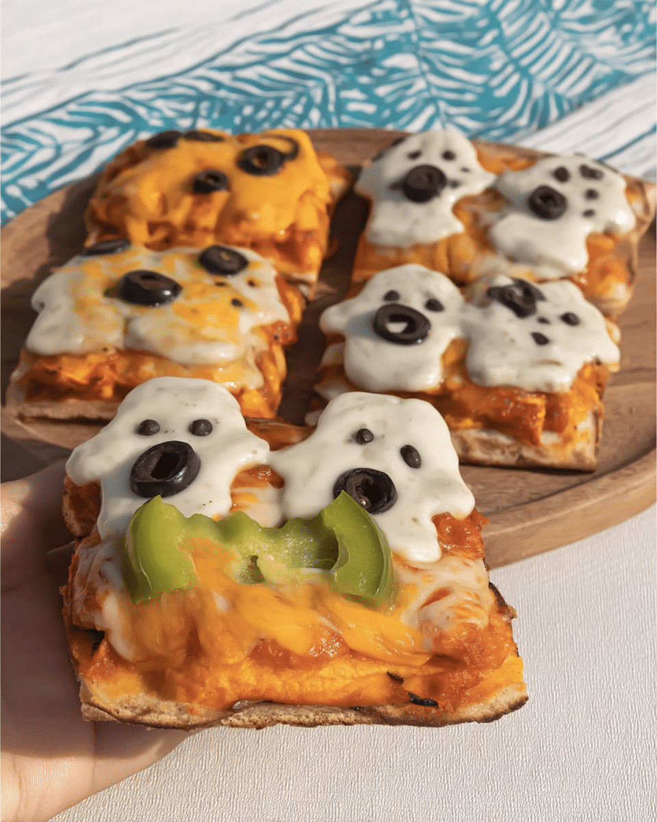 A hand placing olive spider onto a Mini Halloween Pizza