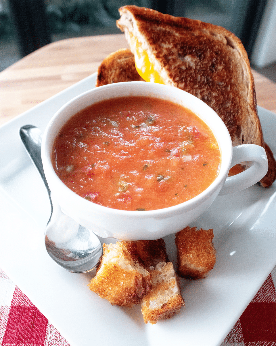 A bowl of vibrant roasted tomato basil soup, garnished with fresh basil leaves and mini croutons.