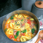 Sausage Spinach Tortellini Soup 7 Sausage Spinach Tortellini Soup in a white bowl with crusty bread