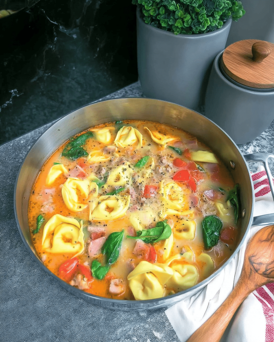 Sausage Spinach Tortellini Soup in a white bowl with crusty bread