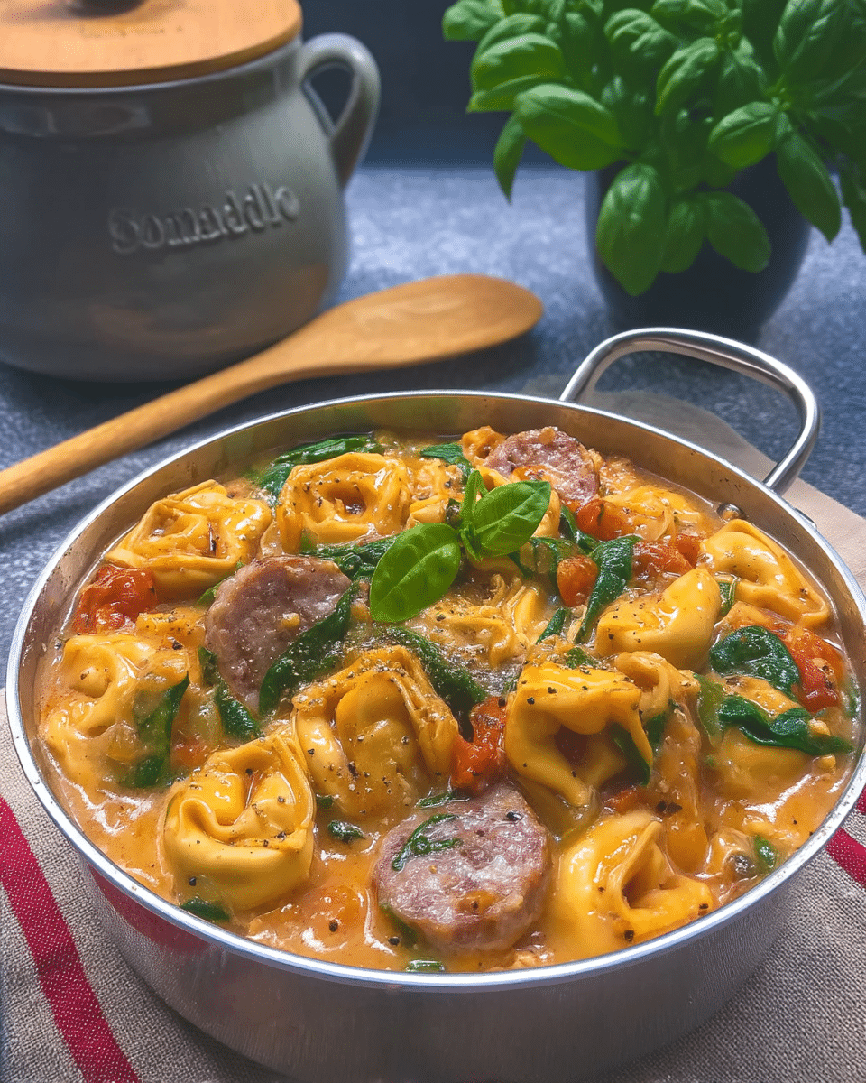 Sausage Spinach Tortellini Soup 8 Ingredients for Sausage Spinach Tortellini Soup laid out on a wooden board