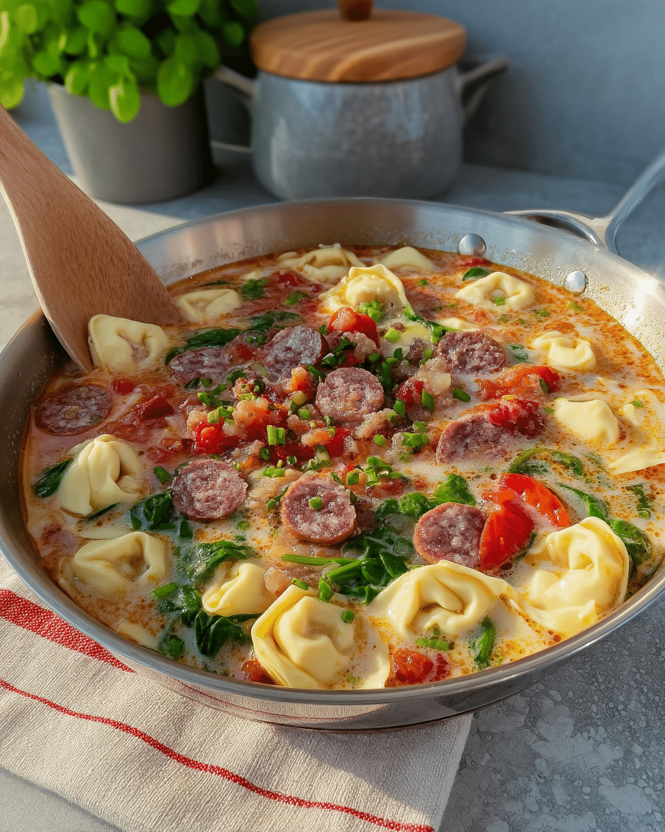 Sausage Spinach Tortellini Soup 9 A hand holding a ladle full of Sausage Spinach Tortellini Soup over a pot