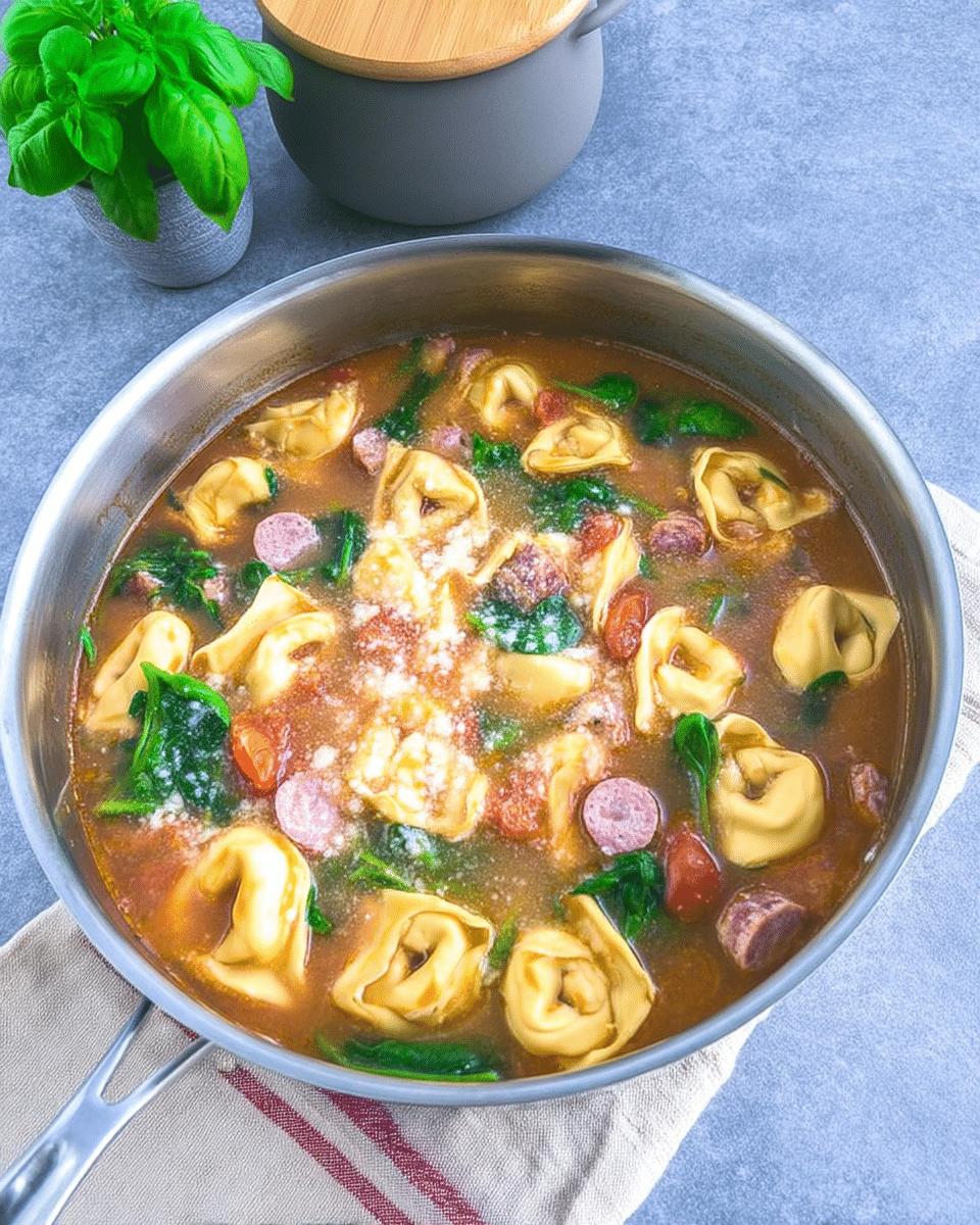 Sausage Spinach Tortellini Soup 10 A table setting with bowls of Sausage Spinach Tortellini Soup and crusty bread