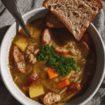 Sausage, Sweet Potato, and Kale Soup in a white bowl, topped with parmesan cheese and a sprig of kale. A wooden spoon rests on the side of the bowl.
