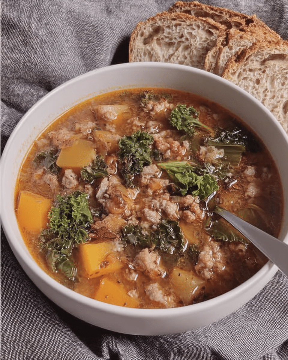 Sausage Sweet Potato & Kale Soup 8 An array of ingredients for Sausage, Sweet Potato, and Kale Soup arranged on a wooden table. Featured are Italian sausage, sweet potato, kale, onion, shallot, garlic, and olive oil.