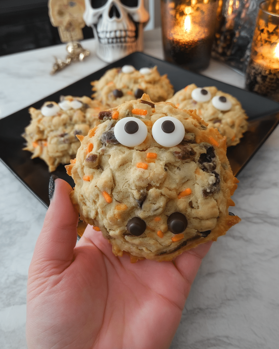 Halloween Chocolate Chip Cookies 9 A hand scooping cookie dough onto a baking sheet.