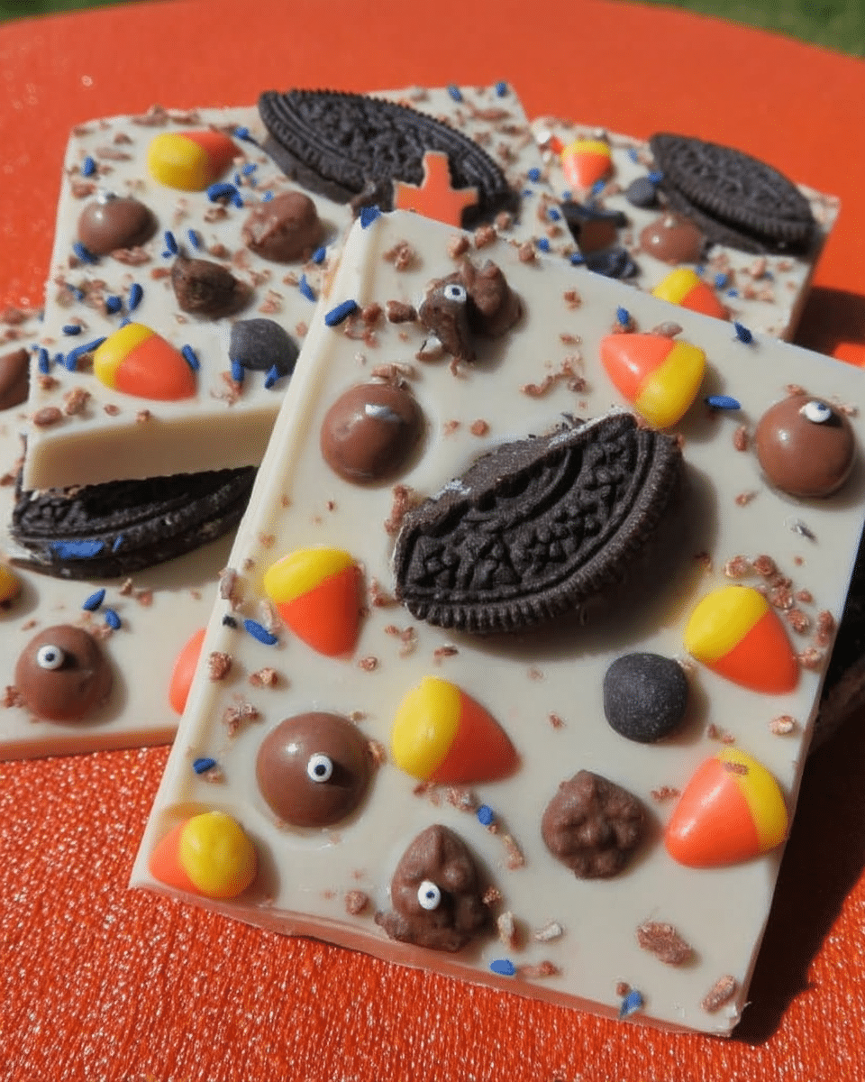 Chocolate Halloween Oreo Bark served on a platter with Halloween decorations.