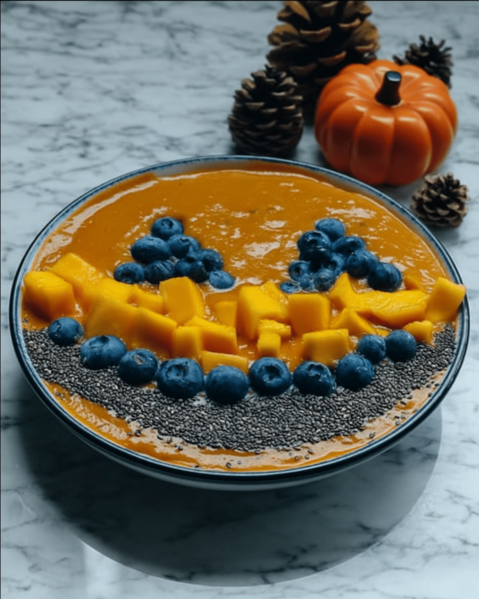 Jack-O’-Lantern Smoothie Bowls 10 Jack-O’-Lantern Smoothie Bowls served on a table with Halloween decorations.