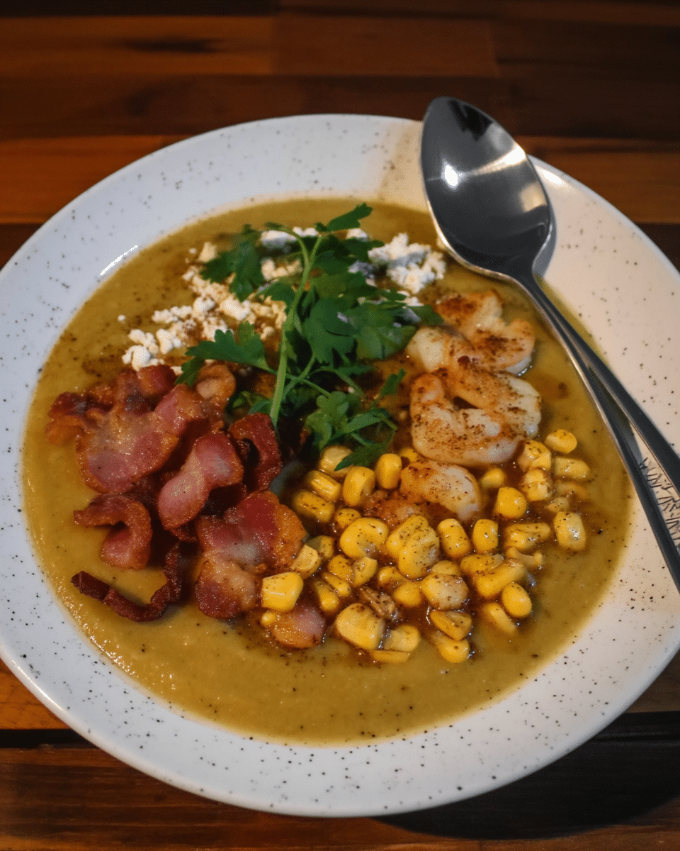 Slow Cooker Mexican Street Corn Soup in a bowl, topped with cilantro and cotija cheese.