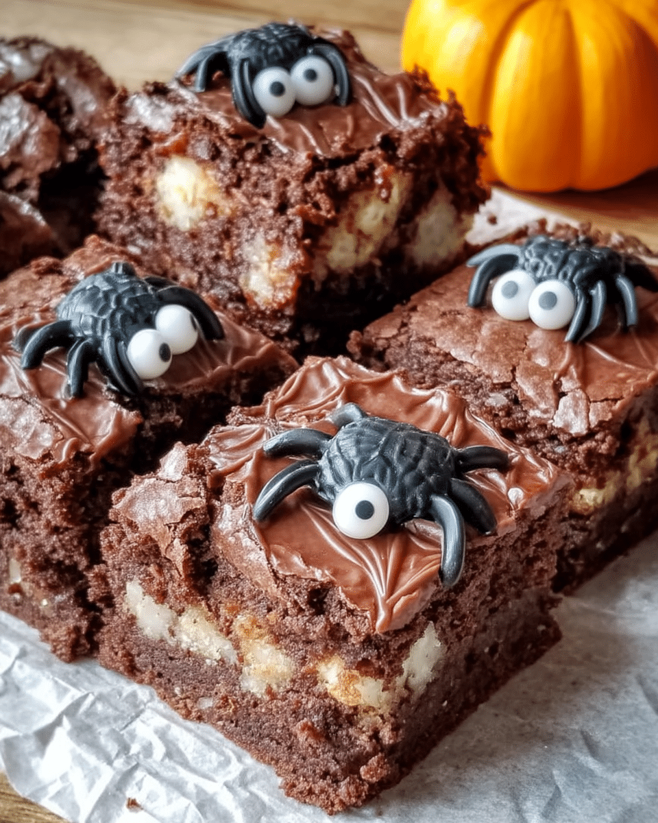 Spider Brownies 9 A hand placing pretzel legs on a spider brownie.