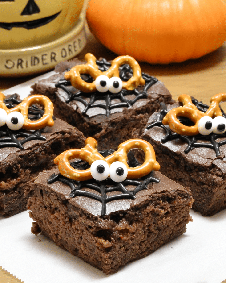 Spider Brownies 10 Spider brownies served on a plate with a glass of milk.