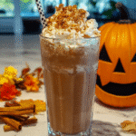 A tall glass of Spiked Pumpkin Pie Milkshake, garnished with whipped cream and a dusting of cinnamon.
