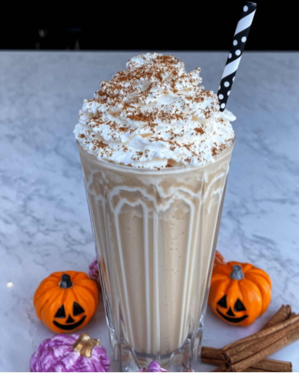 Spiked Pumpkin Pie Milkshake 10 Two glasses of Spiked Pumpkin Pie Milkshake served on a table with fall-themed decorations.