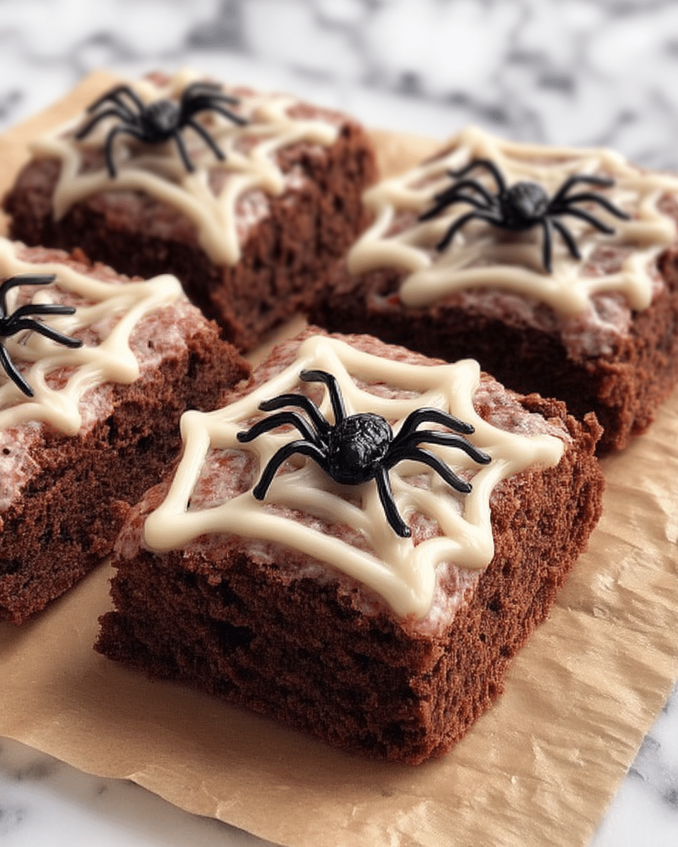 Spooky Spiderweb Brownies arranged on a plate with Halloween decorations.
