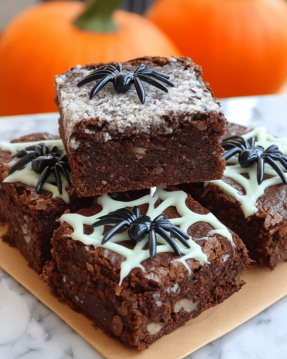 Spooky Spiderweb Brownies on a table with Halloween decorations.