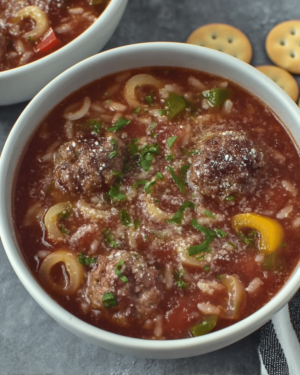 A hearty bowl of Stuffed Pepper Soup, garnished with fresh parsley and grated Parmesan cheese.