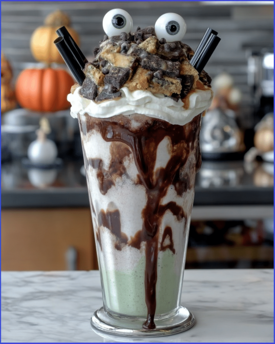 Tipsy Mint Chocolate Chip Monster Shake 3 A blender with mint chocolate chip ice cream mixture.
