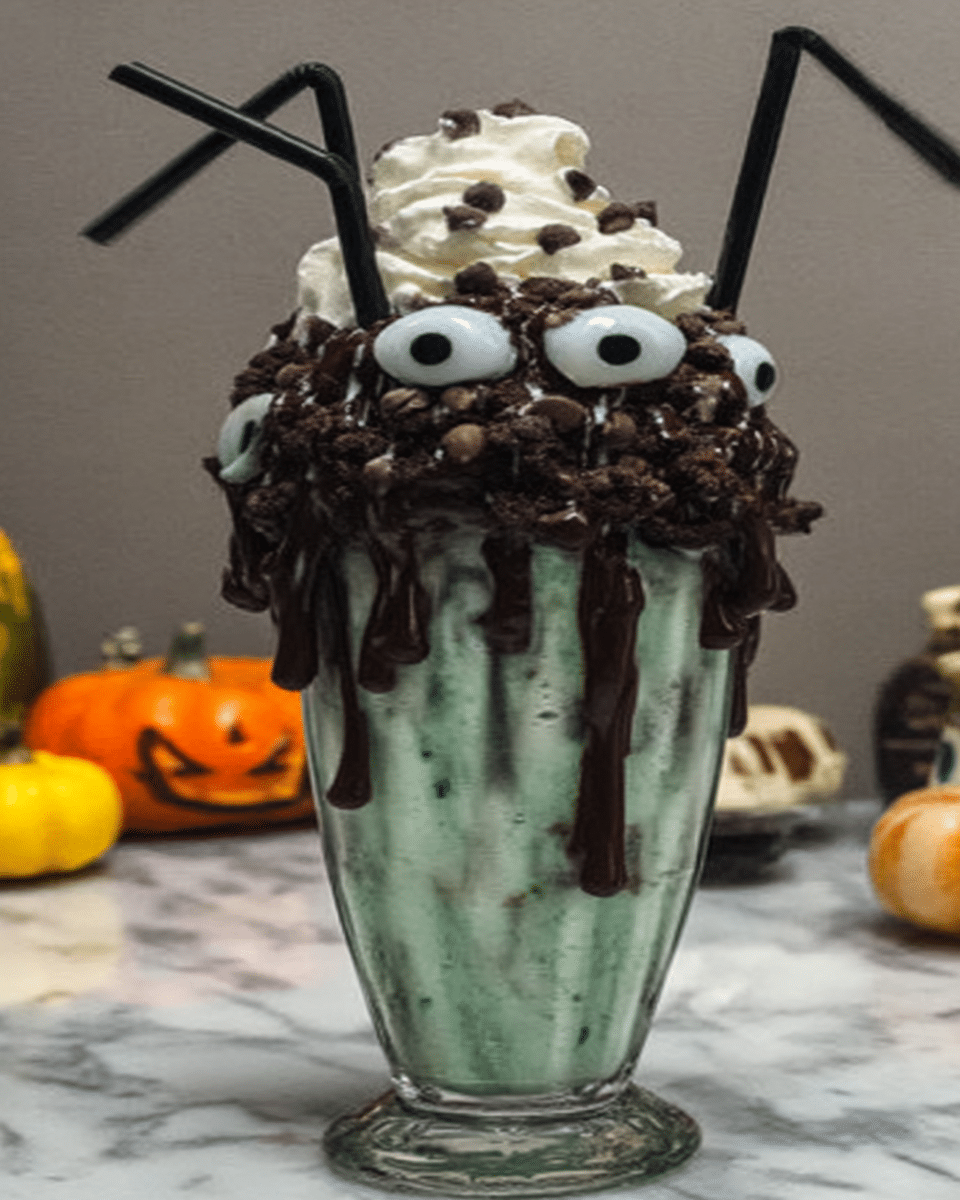Tipsy Mint Chocolate Chip Monster Shake 4 Two glasses of Tipsy Mint Chocolate Chip Monster Shake with Halloween decorations.