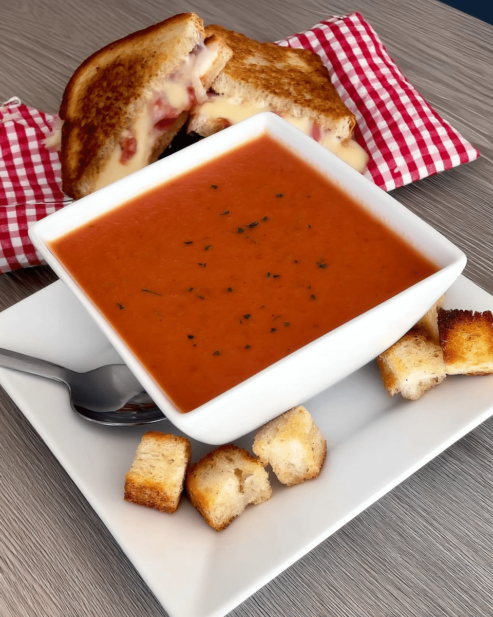 Two bowls of Roasted Tomato Basil Soup served with crusty bread and a side salad.