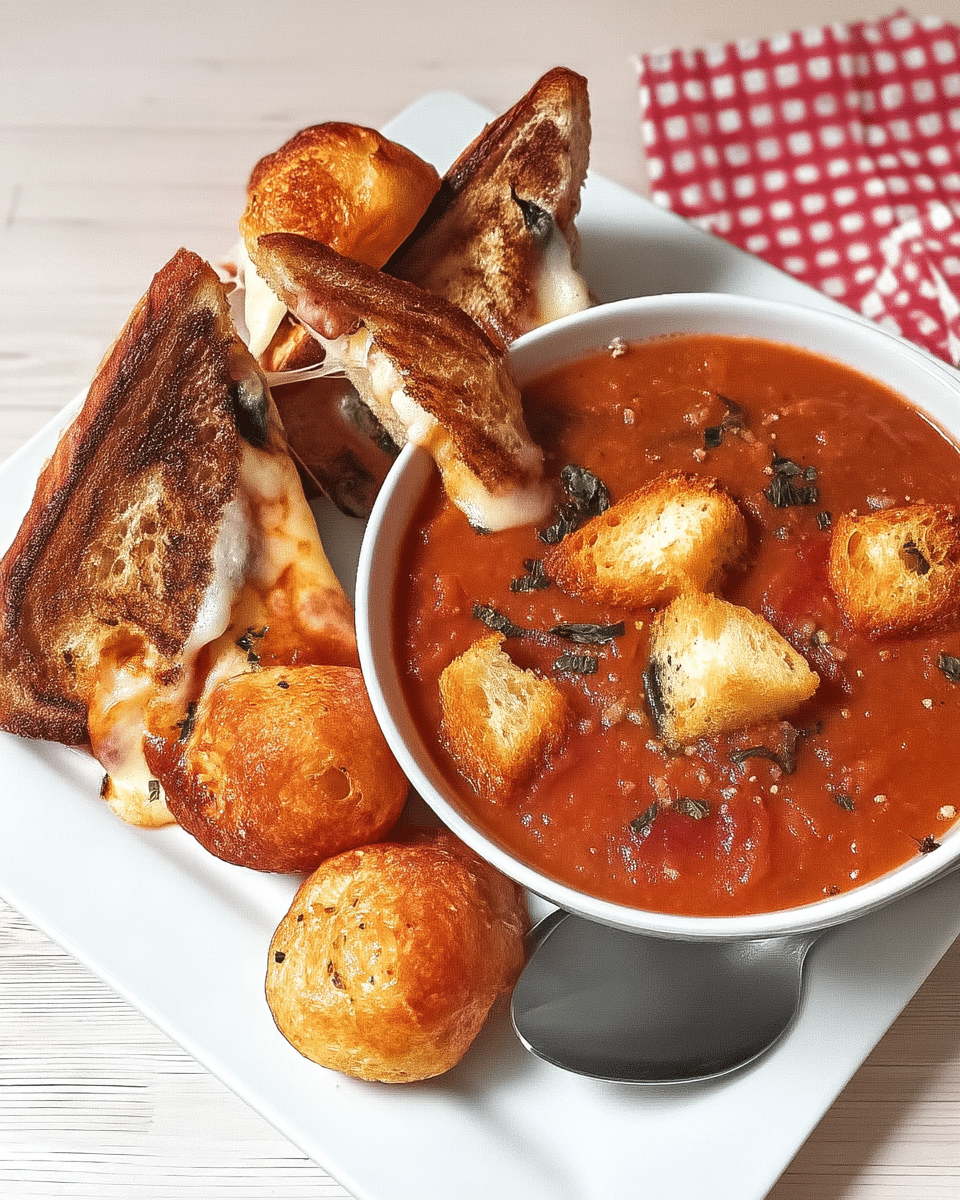 A hand holding a spoon, dipping it into a pot of simmering Roasted Tomato Basil Soup.
