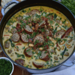 A steaming bowl of Tuscan White Bean Soup, garnished with fresh parsley.