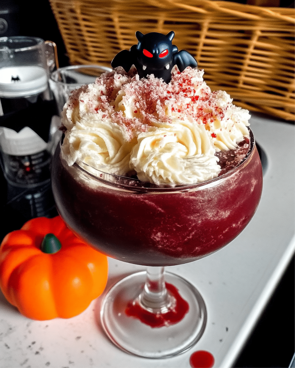 Vampire Bite Red Wine Milkshake 9 A hand holding a glass of Vampire Bite Red Wine Milkshake with a straw, against a dark background with Halloween decorations.