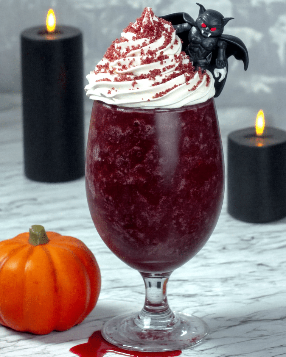 Vampire Bite Red Wine Milkshake 10 Vampire Bite Red Wine Milkshake served on a Halloween-themed table setting with spooky decorations, alongside some cookies and candy.