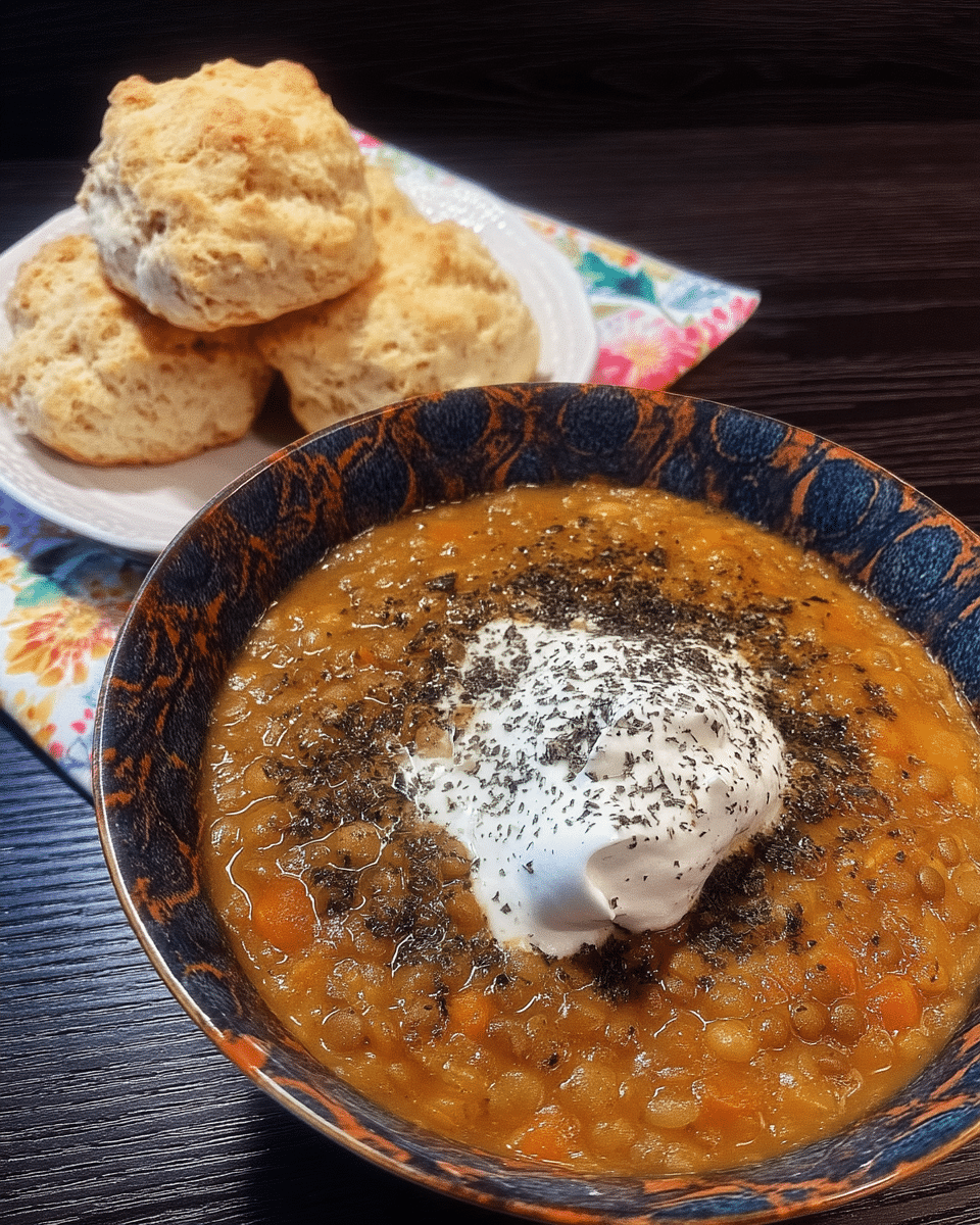 A hearty bowl of vegetarian lentil soup, garnished with fresh herbs.