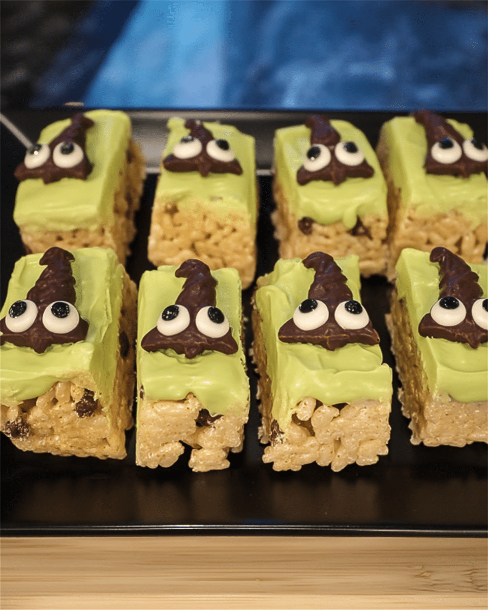 Delicious witch Halloween rice krispie treats on a platter.
