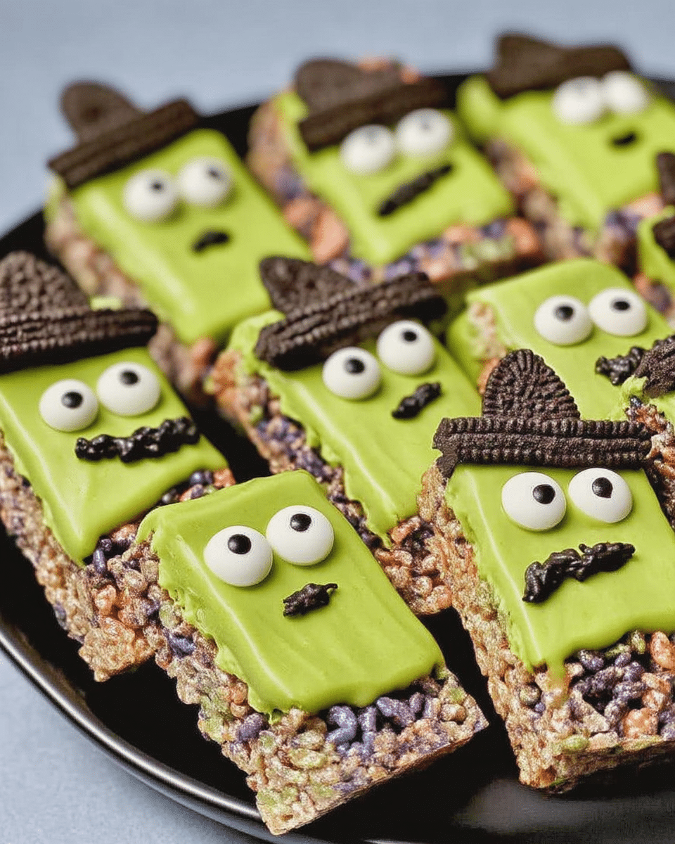 Witch Halloween Rice Krispie Treats 10 Witch Halloween rice krispie treats served on a Halloween-themed plate.