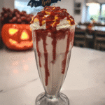 Zombie Brain Banana Rum Milkshake 7 Two glasses of creamy, blended Zombie Brain Banana Rum Milkshakes topped with whipped cream brains.