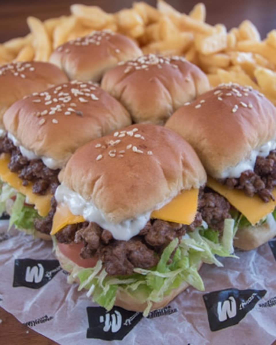 Big Mac sliders on tray with sesame seed buns and lettuce