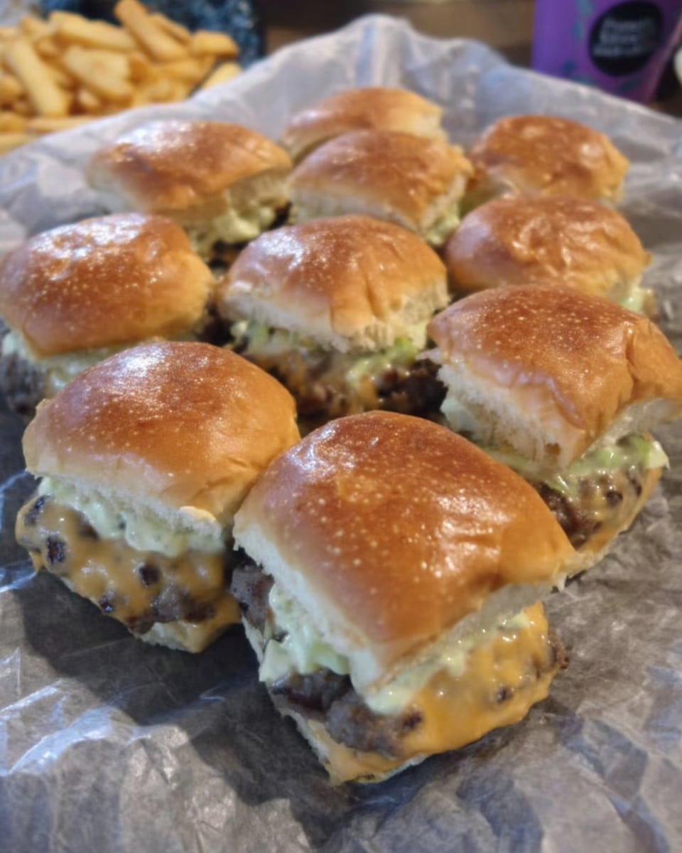 Big Mac Sliders 8 Close-up of Big Mac slider cut in half showing beef, cheese, and sauce