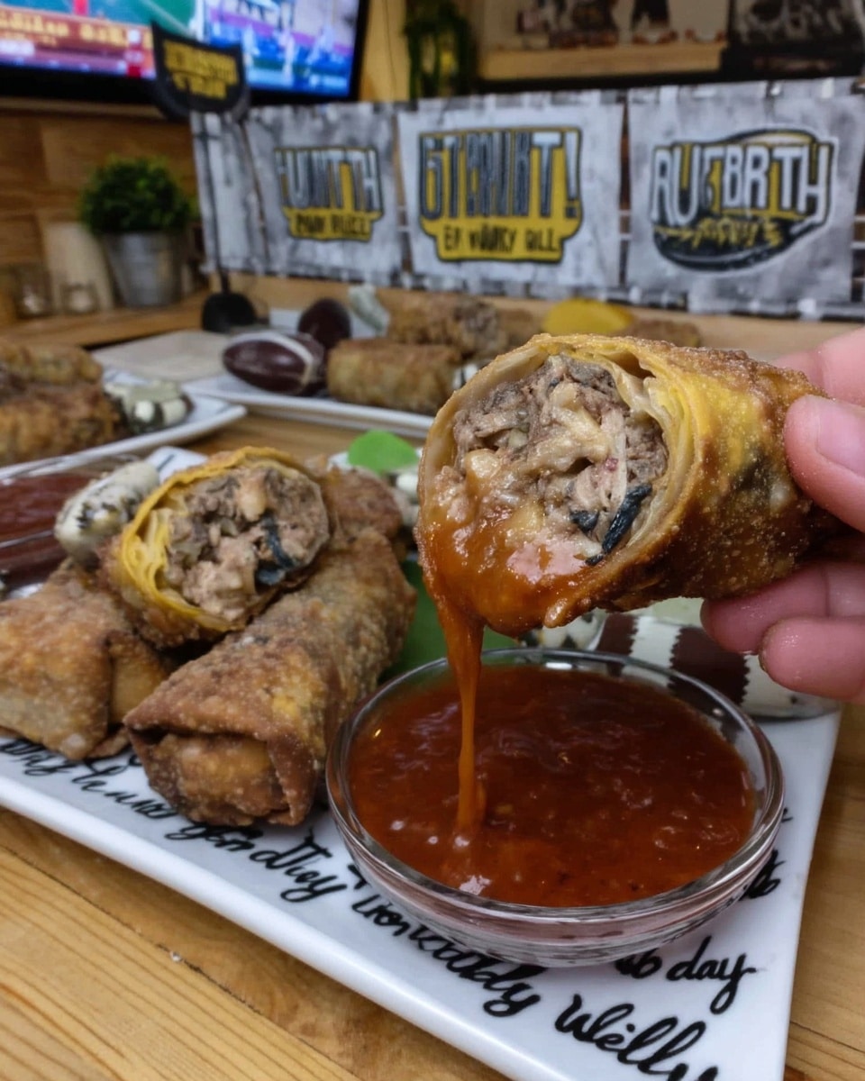 Buffalo Chicken Egg Rolls 10 Buffalo dip next to egg rolls on game day table