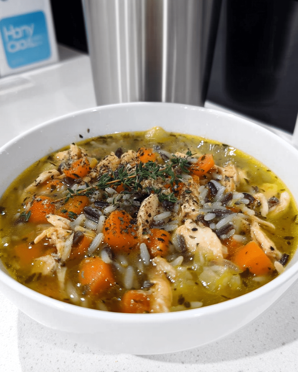 Chicken and Wild Rice Soup 9 A close-up of Chicken and Wild Rice Soup simmering in a pot.