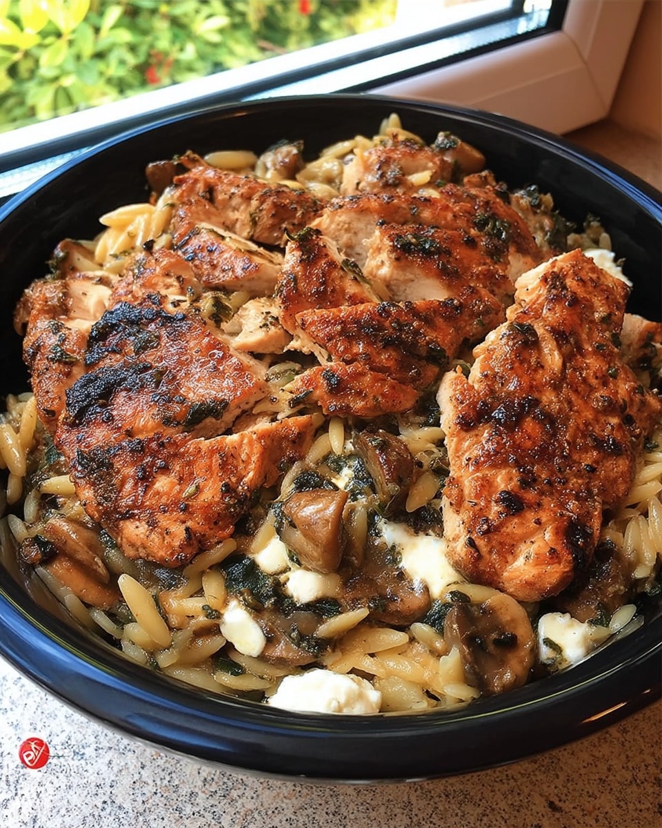 Marsala Chicken Orzo 8 Close-up spoonful of creamy chicken Marsala with orzo