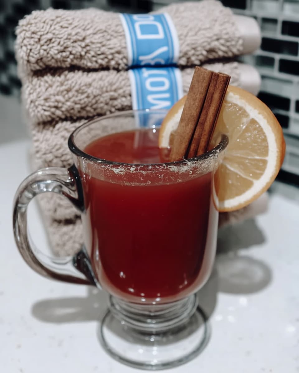 Close-up of cranberry orange cider with floating orange slice